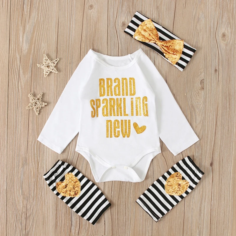 

3 Pcs/Set Infant Baby Jumpsuit Suit Long Sleeve Letter Print Bodysuit Striped Bow Decor Headband And One Pair Of Leg Sleeve Sets
