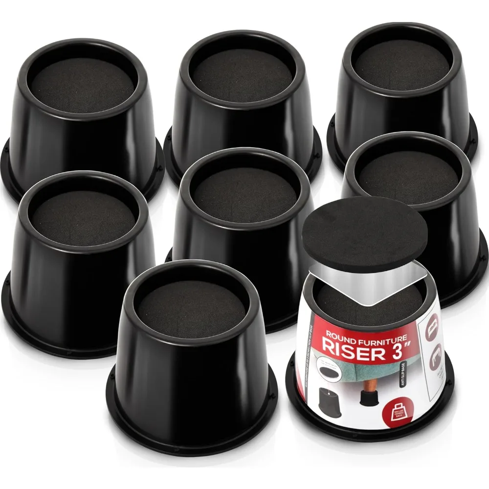 

Bed Risers 3 Inch - 8 Pack - Round Furniture Risers with Top Anti-Slip Foam with Metal Plate & Bottom Rubber Pads