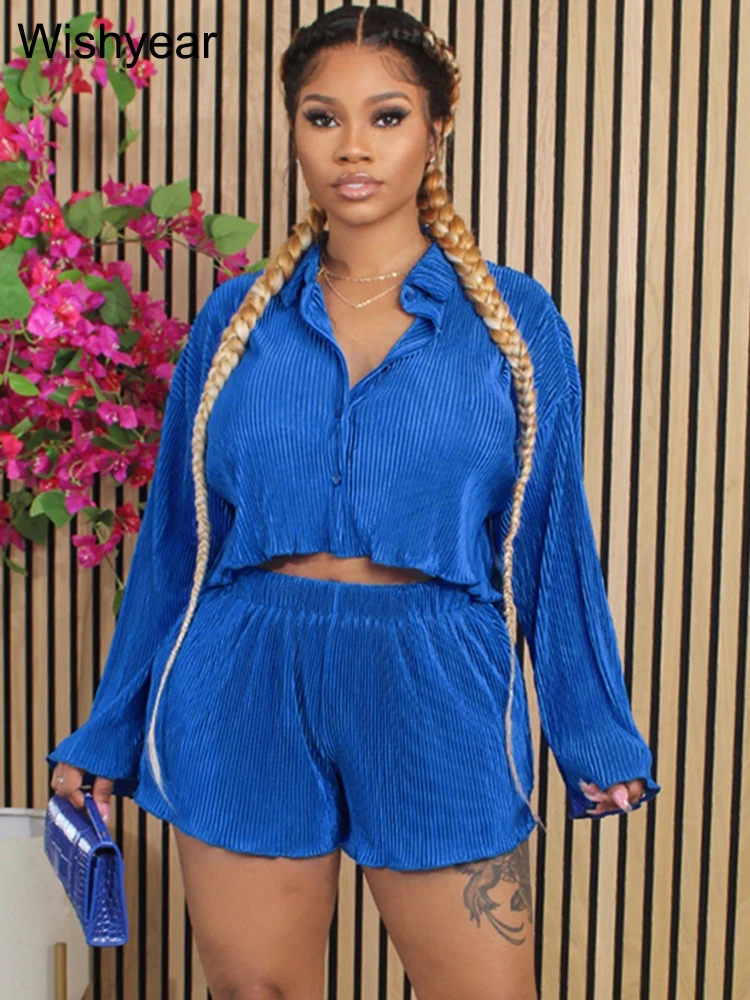 Fashion Ripped Pleated Two 2 Pieces Pants Set Women Blue Full Sleeve Shirt and Shorts Suit Street Tracksuit Casual Beach Outfit