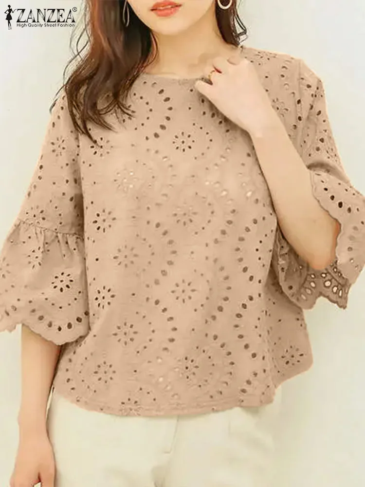 

2024 ZANZEA Women Summer Tops Elegant Lace Crochet Blouse Female 3 /4 Sleeve Patchwork Blusas Holiday Shirt Stylish Work OL Tops