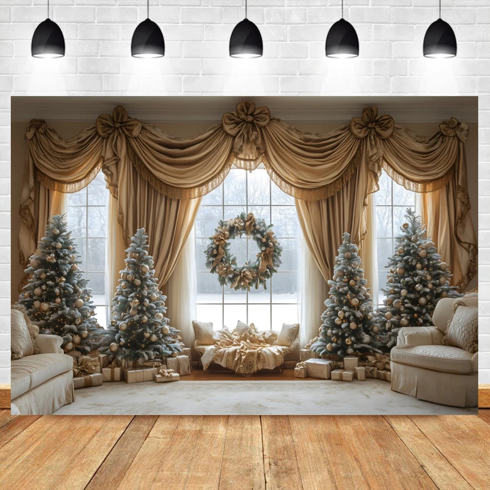 

Christmas Background for Photo Studio 2024 Winter Christmas Window Mantel Curtain White Stocking Gingerbread House Kids Backdrop