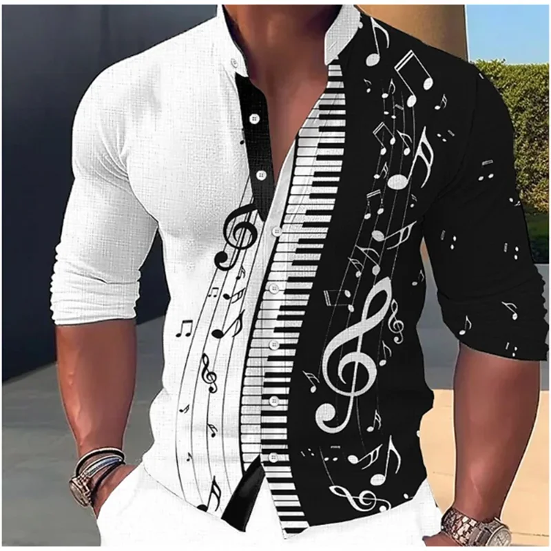 

2023 Novel Fashion Men's Music Shirt Casual Soft Comfortable Stand Collar Lapel Button Outdoor Top Shirt Music Notation