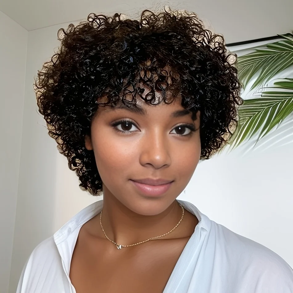 짧은 아프로 곱슬 가발 인모 곱슬 웨이브 가발 여성용 풀머신 가발