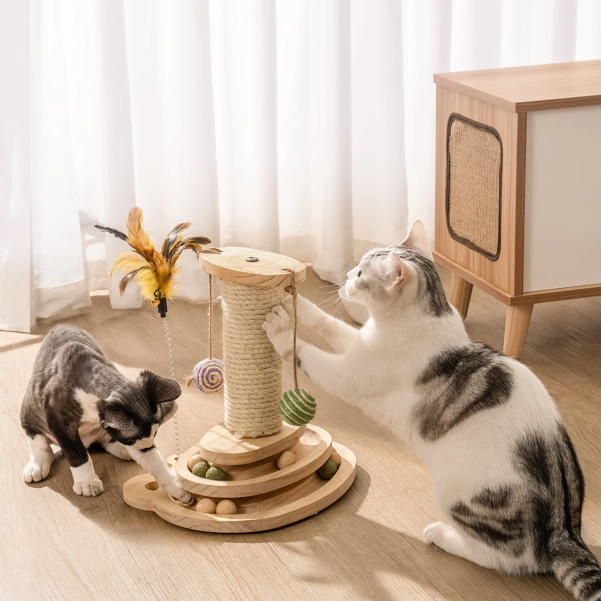 

%a For Mewoofun Cat Scratcher Pole Two-Layer with Interactive Balls and Two Sisal Balls Eco-friendly Wooden Toy Funny Crazy Po