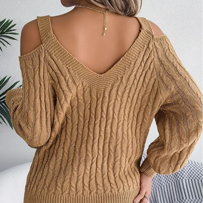 Autumn and Winter Women\'s Pullover V-neck Lantern Sleeve Solid Color Fried Dough Twists Loose Fashion Casual Sweater Tops