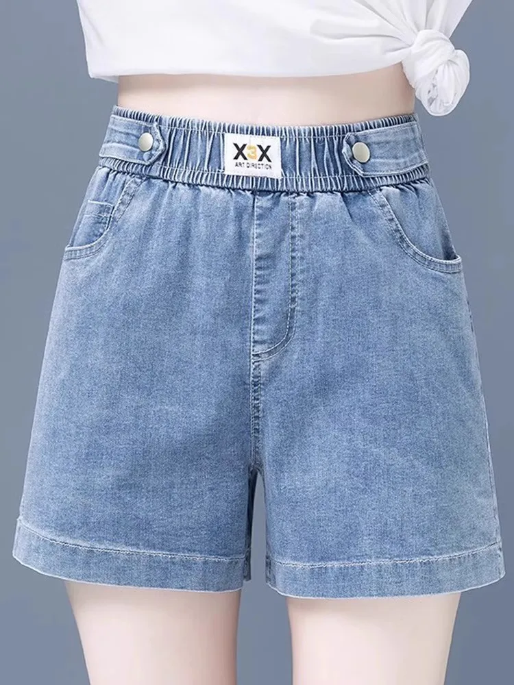 

Женские джинсовые спортивные брюки с высокой талией, летние, 2025, новые, свободные, утягивающие, на резинке, длиной до колена, повседневные