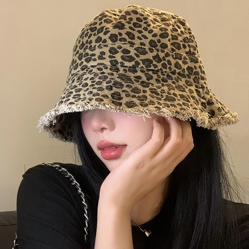 Retro Leopard Print Rough Edge Bucket Hats Women Summer and Autumn Versatile Sunscreen Showing Face Small Casual Basin Caps