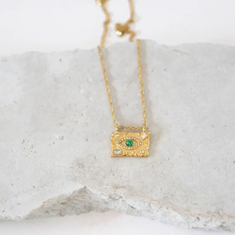 Turkey blue evil eye rectangle pendant necklace stainless steel necklace vintage ethnic jewelry elegant stainless steel jewelry