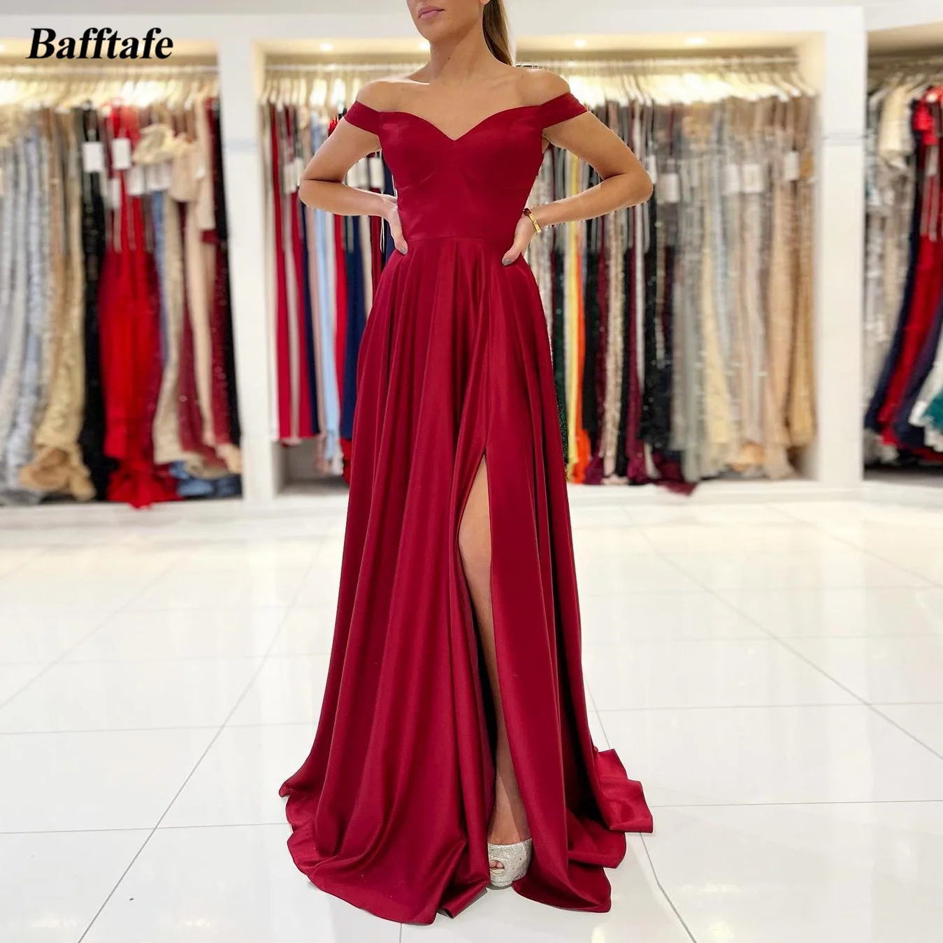 

Bafftafe Simple A Line Burgundy Prom Dresses Slit Side Off The Shoulder Evening Gowns Women Formal Party Special Occasion Dress