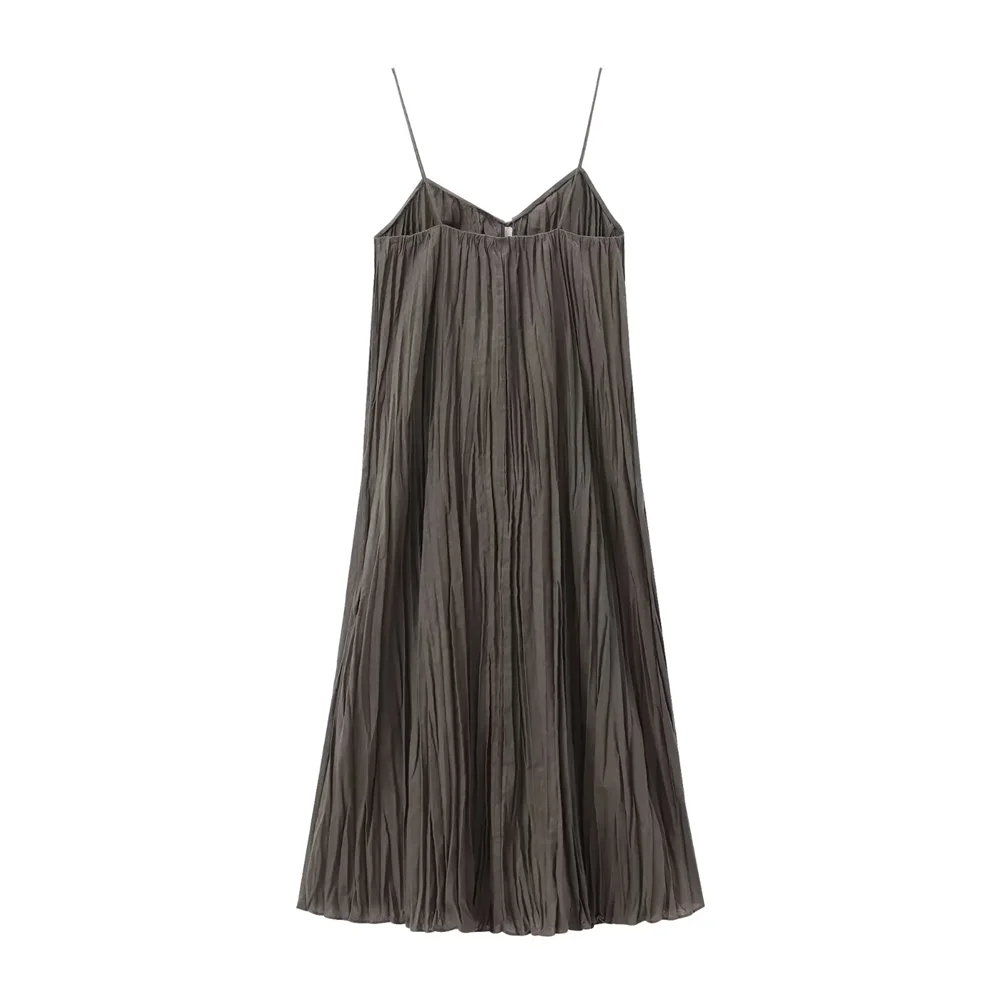 2024 Summer New Women\'s Folding Brown Pleated Long French Retro Pleated Sleeveless Style Sling Dress