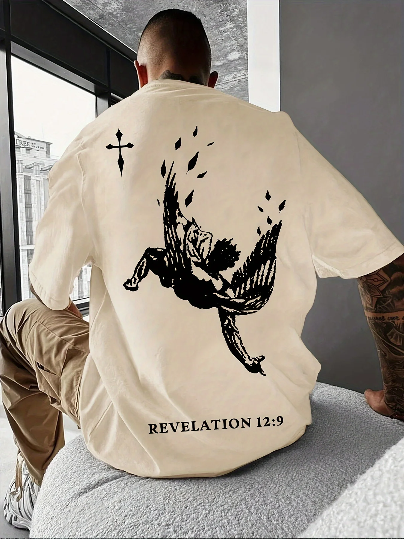 2026 Men Oversized T‑Shirt Fallen Angel Cross Revelation 12:9 Print Back Graphic Tee Gothic Streetwear Unisex Short Sleeve Top