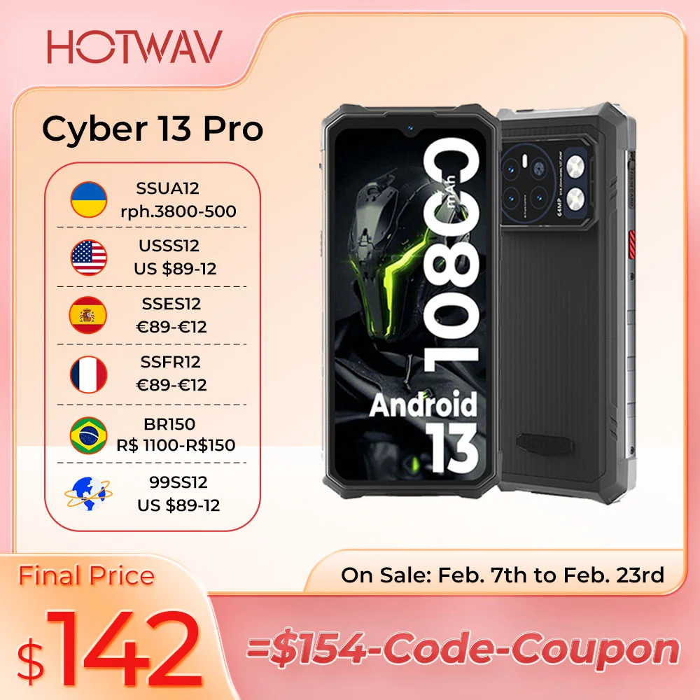 Hotwav cyber 13 pro smartphones ásperos android 13 20gb + 256gb telefone móvel 150lm lanterna 10800mah 16mp + 64mp câmera celulares