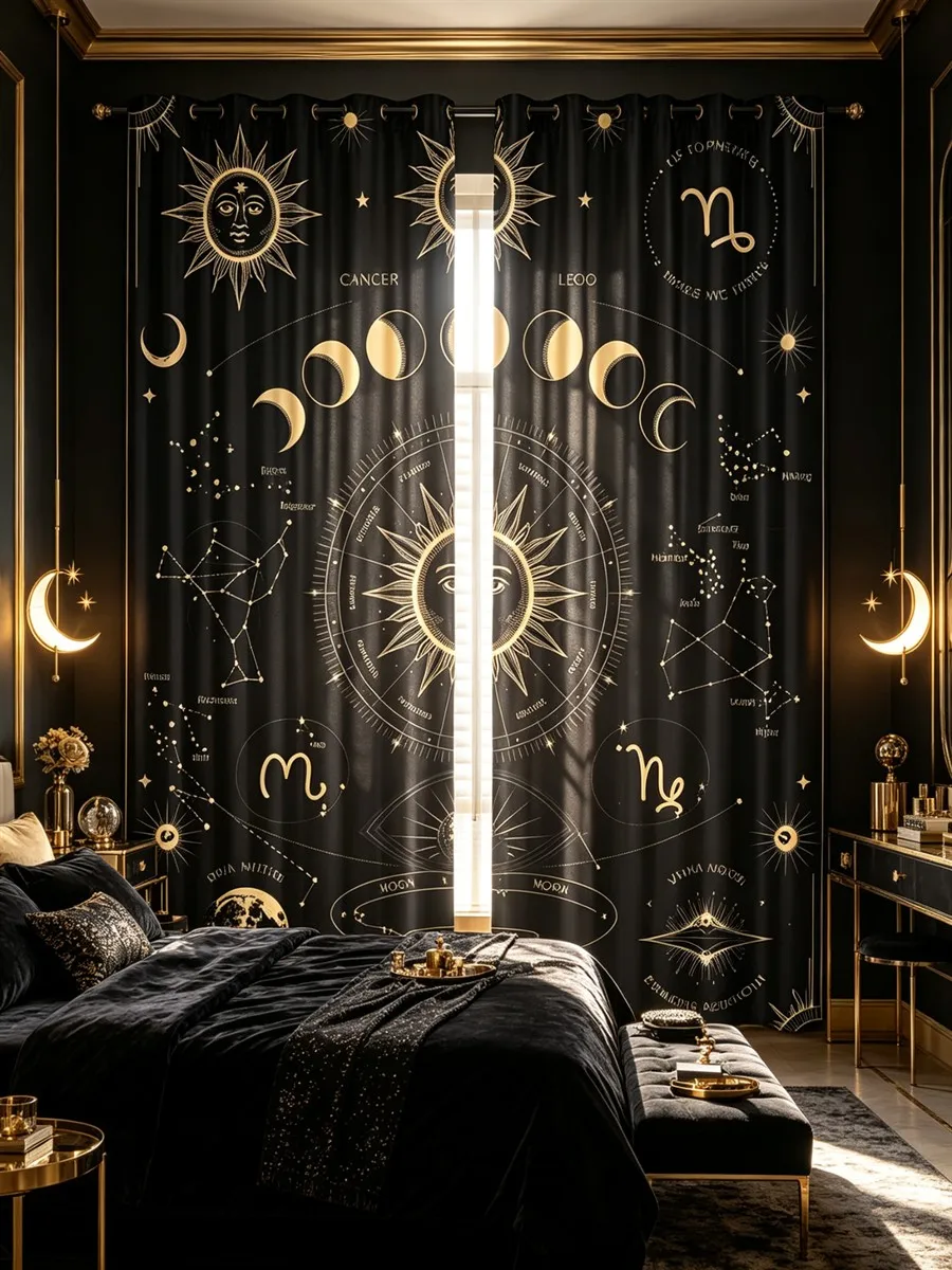 2PCS Astrology Digital Print Curtains, Gold Zodiac Sun Moon Stars, Black Gold Mystical Celestial, Bedroom Living Room Decor