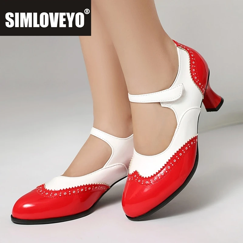 

SIMLOVEYO Весенние модные женские туфли-лодочки из искусственной кожи с круглым носком 4,5 см на низком каблуке с пряжкой Черный Красный Желтый Большой размер 42 43 45 46 48 50 52 US17