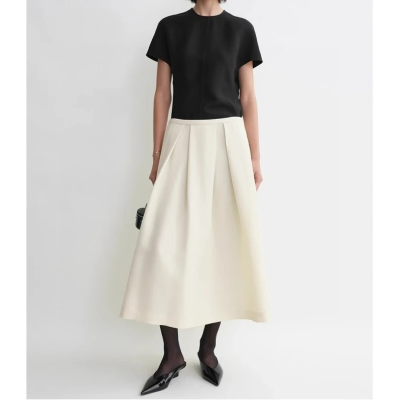 

25 year new solid color simple acetic acid top+pleated wool A-line skirt set