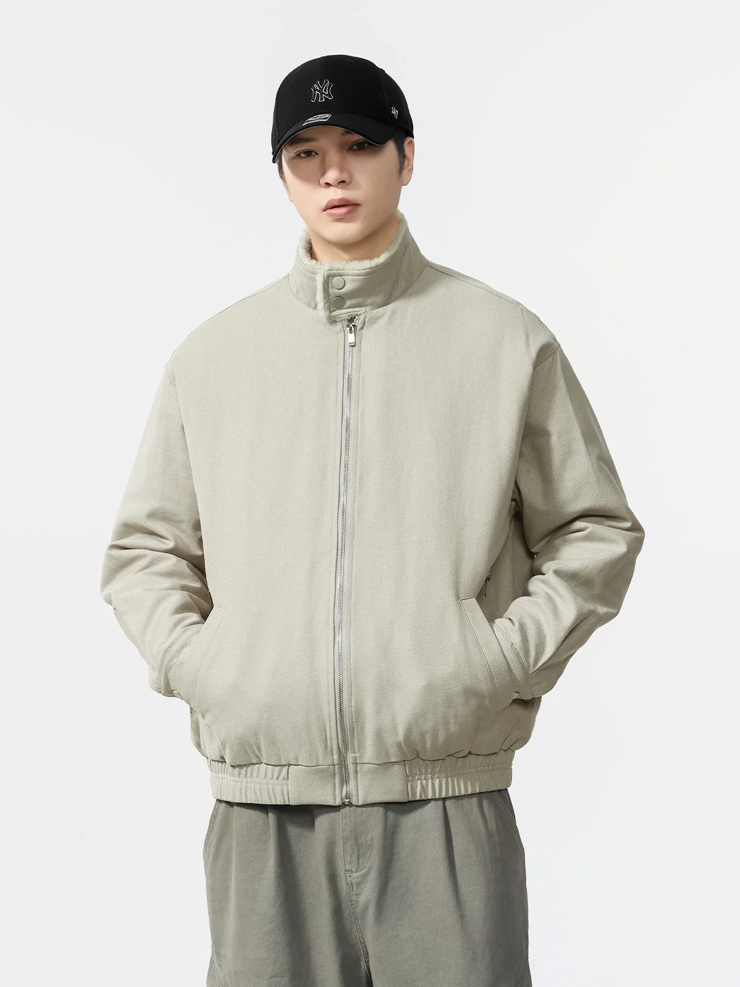 

American Retro Thiened Fce Lined ort Jaet Men's Winter Casual Cotton Workwear Coat with Stand Collar Loose Fit