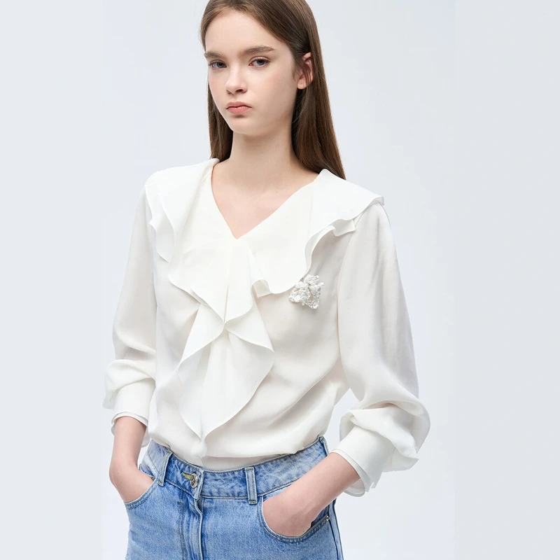 

Корейская блузка V-образного выреза с кружевной отделкой для свиданий, весна 2026, женская модная свободная модель во французском стиле