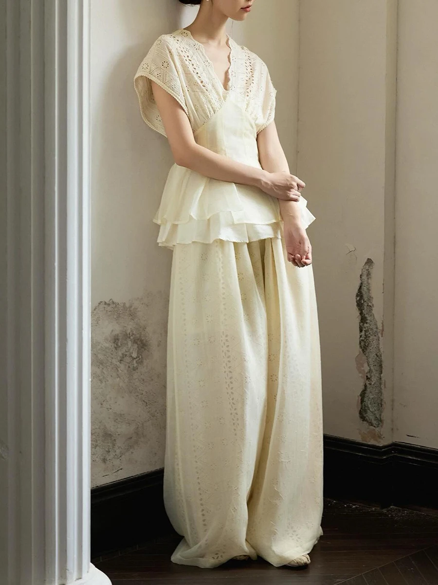 TWOTWINSTYLE Solid Spliced Embroidery Two Piece Sets for Women V Neck Sleeveless Patchwork Ruffles Top Wide Leg Pant Set Female