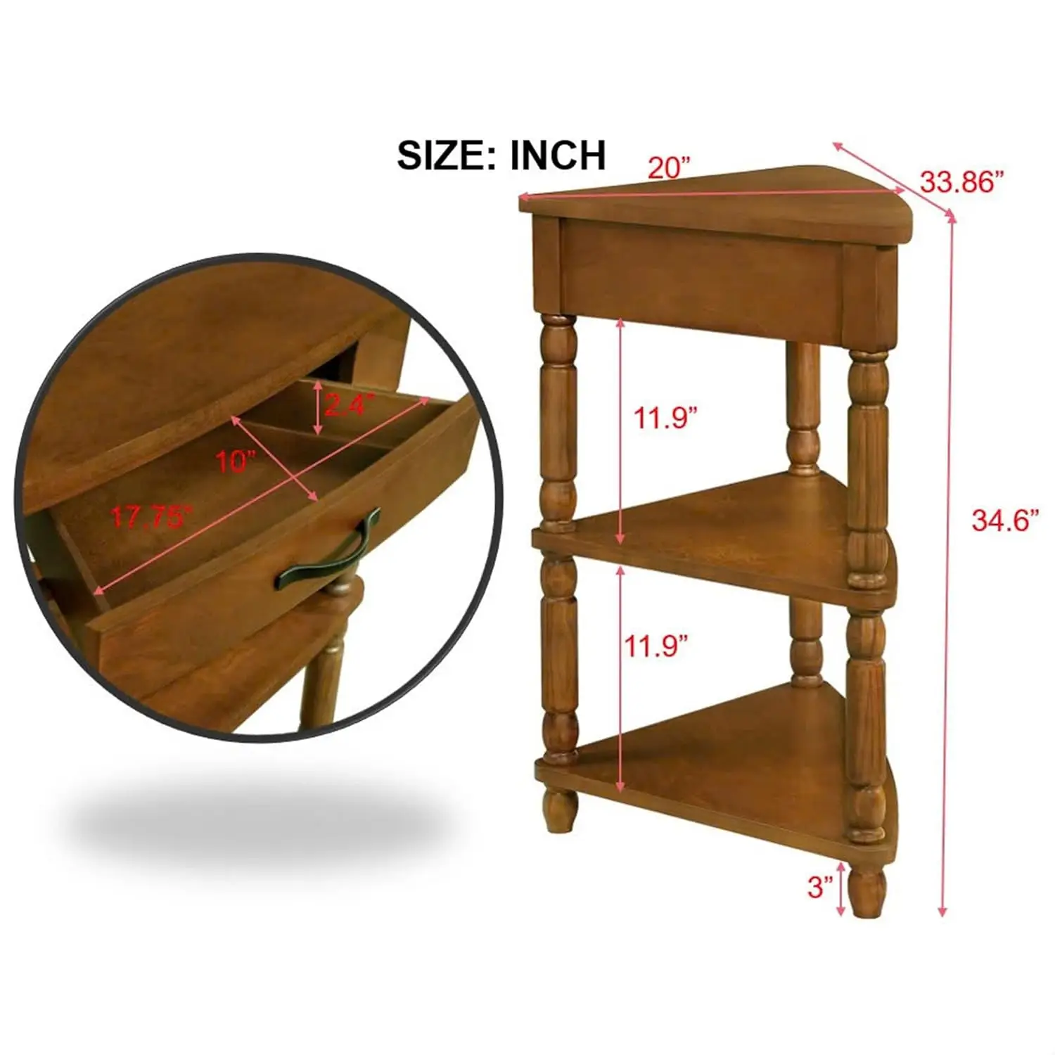3 Tier Corner Console Table with 1 Storage Drawers and Shelves, 33.8'' Rustic Wood Triangle Sofa End Table for Small Spa