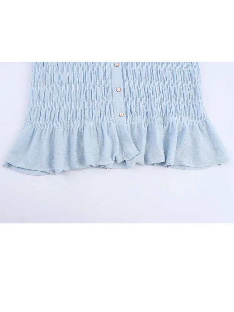 HH Women's Autumn Fashion Versatile Pleated Ruffled V-neck Knit Coat Female Sweet Single Breasted Casual Slim Cardigan Top