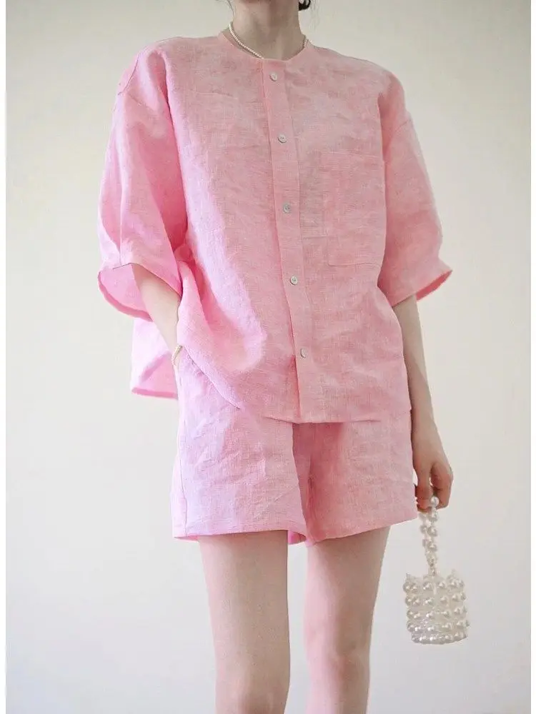 

Summer Casual Shorts Set Pink 2-Piece Sets Women's Outfit Simple Lightweight Breathable Cotton Short-Sleeved Shirt Shorts Suit