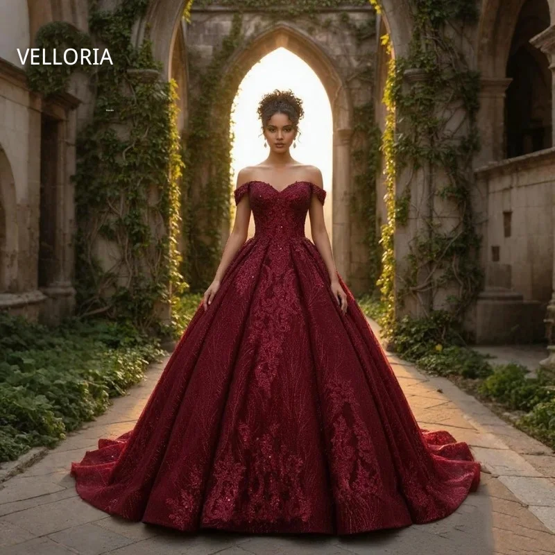 

Burgundy Off Shoulder Women Ball Dress Dress Luxury Lace Long Princess Dress Palace Retro Wedding Party Gown Vestdos De Fiesta