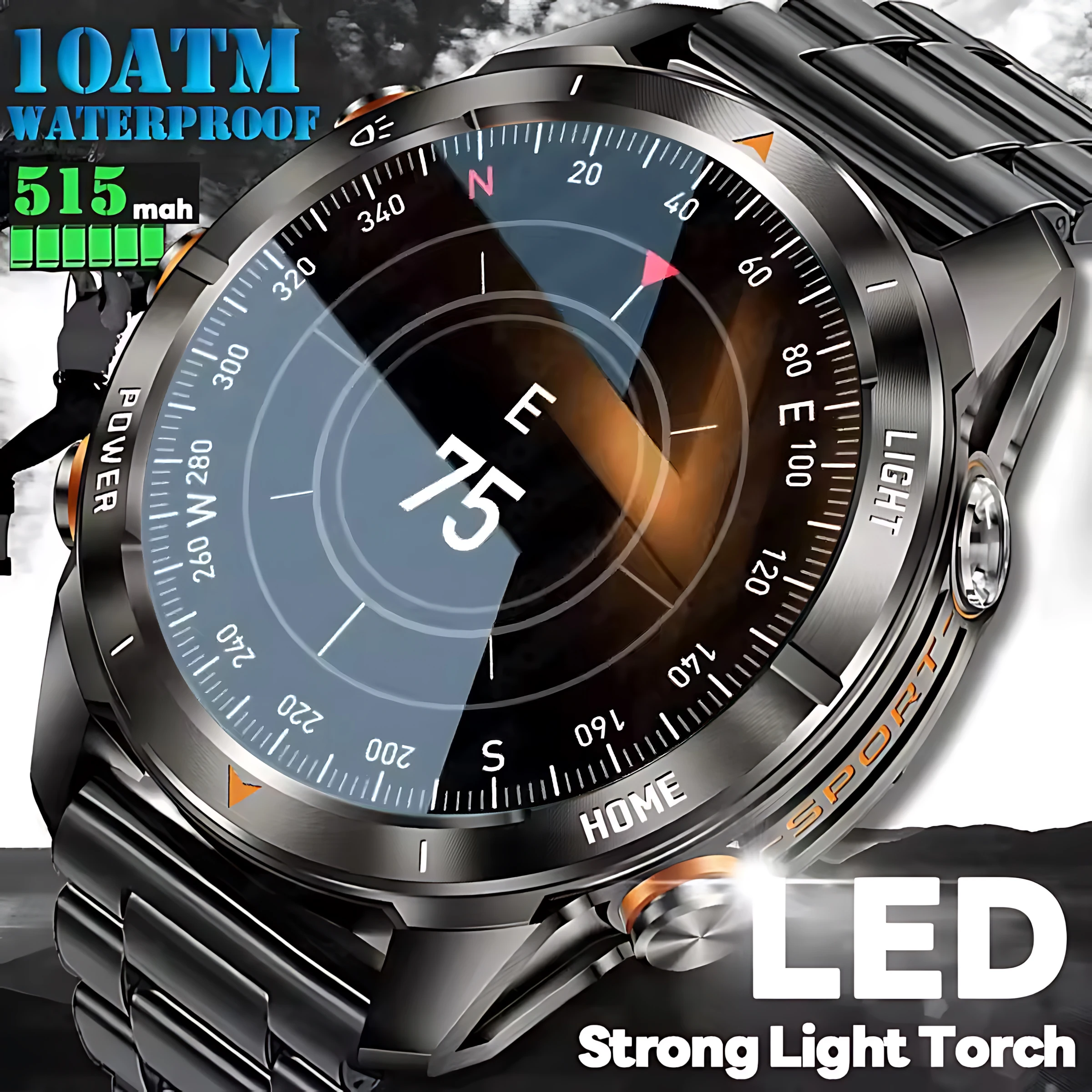 

New Outdoor LED Flashlight Smart Watch 1.46HD Screen Men 515mAh Large Battery BT Call Bracelet Waterproof Fitness UV Light Watch