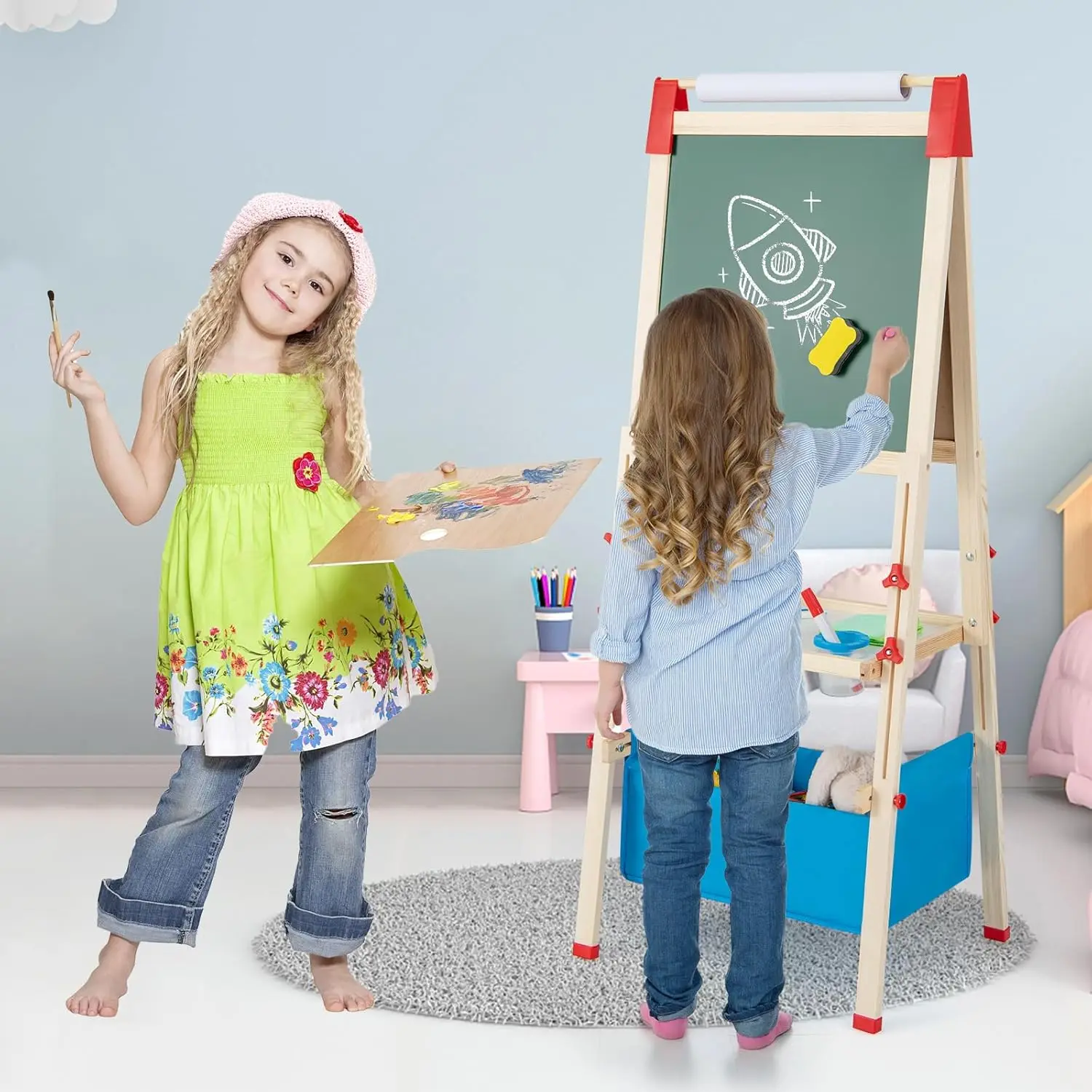 Easel for Kids, Wooden Height Adjustable Double-Sided Toddler Easel w/Magnetic Chalkboard & White Board, Paper Roll