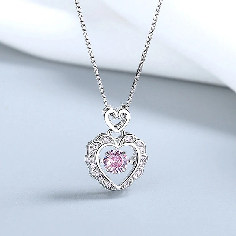 Pink Diamond Heart Necklace, Sparkling Crystal Love Pendant Necklace for Women Fashion Jewelry Gift