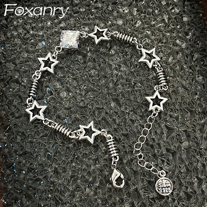 Foxanry Sparkling Zircons Silver Color Chain Bracelet for Women New Fashion Creative Stars Geometric Handmade Party Jewelry Gift