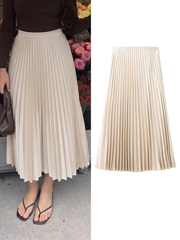 Fanan Women Fashion Beige A Line Midi Skirt Elegant High Waist Satin Pleated Skirt 2026 Summer New Casual Beach Party Skirt