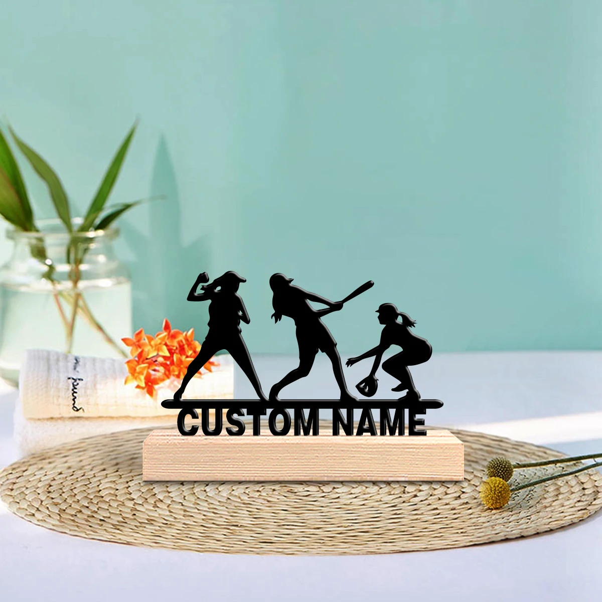 1pc Abstract baseball girl Customized Text Tin Statue Tin Ornament Metal Sculpture With Wood Base Art Crafts With Wood Base For