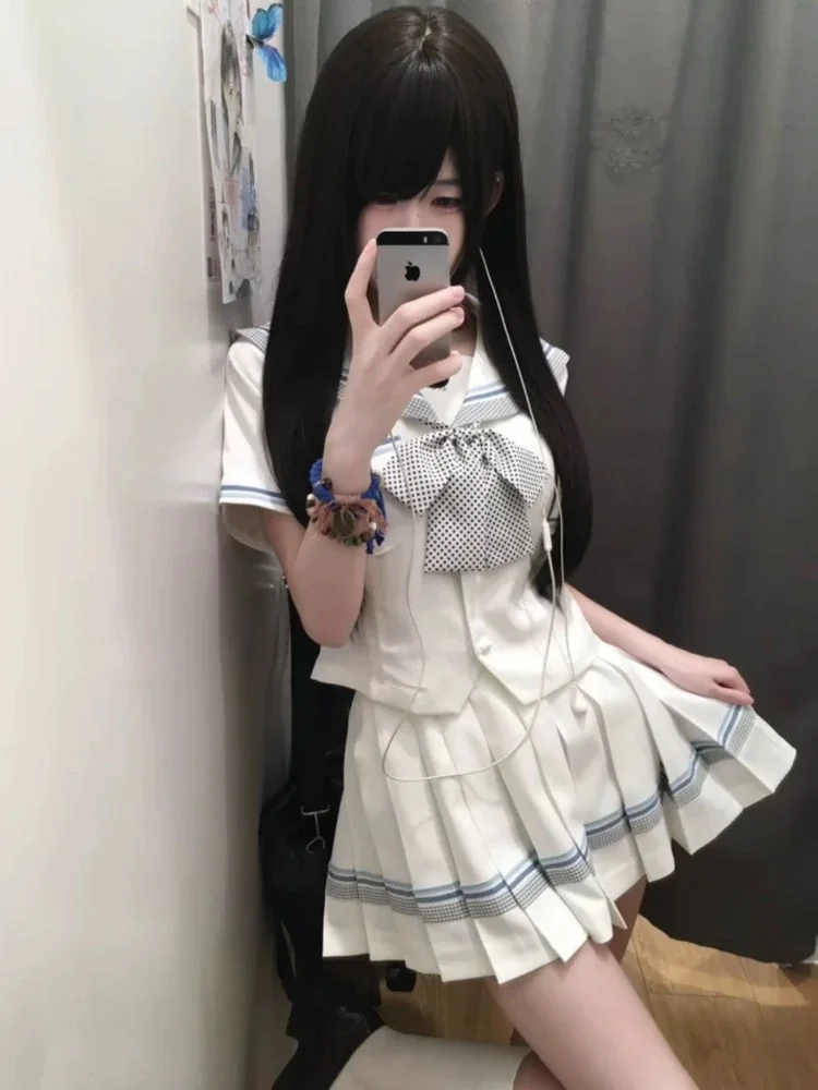 

White Sailor Suit Set Women's ort Sve Waist-Cinched School orm Plaid Skirt JK orm Summer Original Japanese Sle