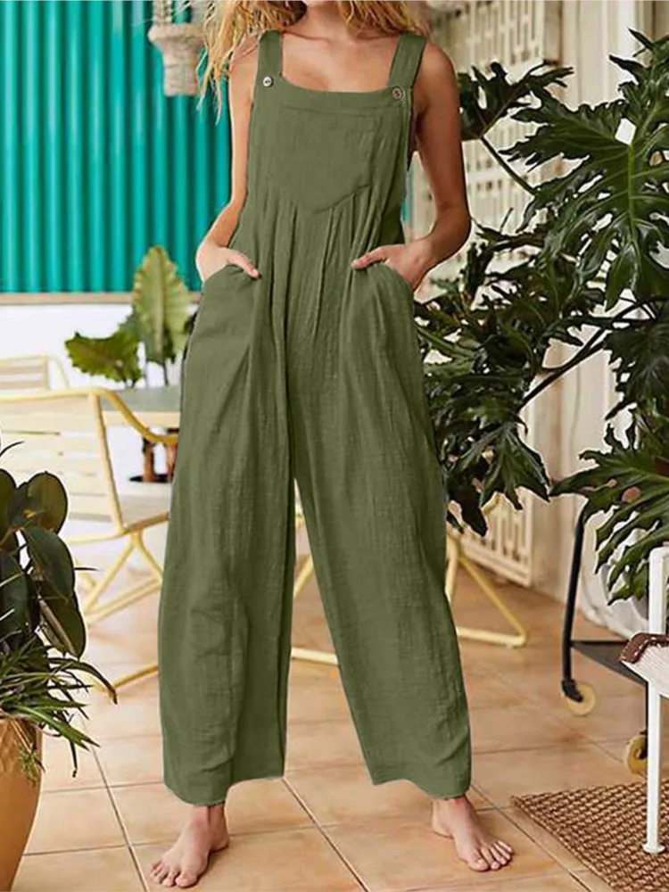 Women Summer Boho Jumpsuit Overalls Solid Ethnic Style Square Neck Sleeveless Casual Jumpsuit Pockets Loose Pants Jumpsuits 2024