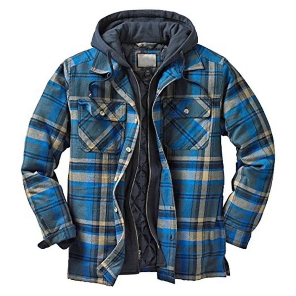 Mens Autumn Winter Hooded Jacket Harajuku Plaid Zipper Long Sleeve Coats Basic Casual Shirt Jackets European American Size S-5XL