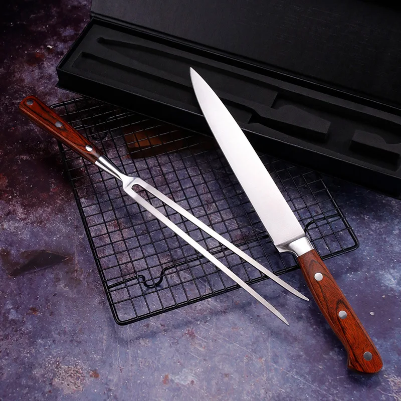 

Stainless Steel Chef Carving Kitchen Slicer Teppanyaki Slicing Knife Fork Gift Box Steak Roast Meat Korea BBQ Tool