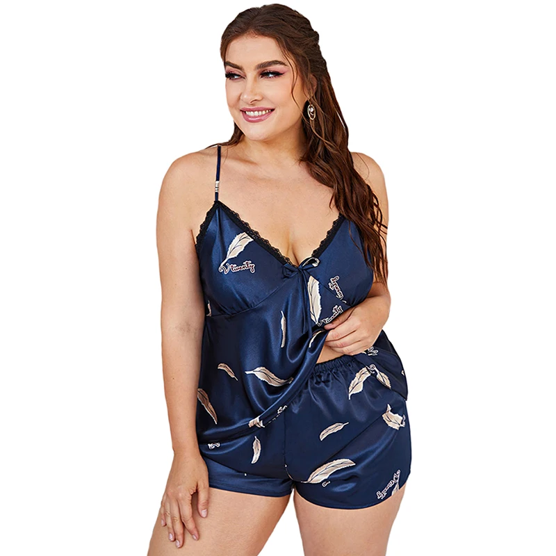 

Women's Sexy Summer Sleepwear Two Piece Pajama Set Loose Cami Shorts V Neck Pjs Silk Nightgown Lace Nightwear Plus Thin