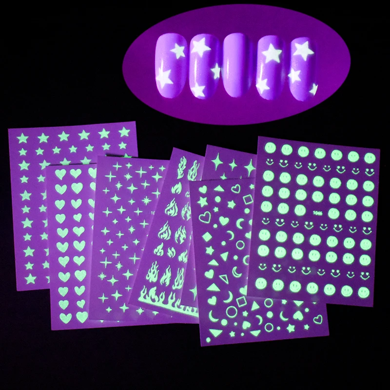 1 Sheet Glow In The Dark Nail Art Sticker Snowflake Flame Old English Alphabet Pentagram Butterfly Line Heart Star Leaf Decals