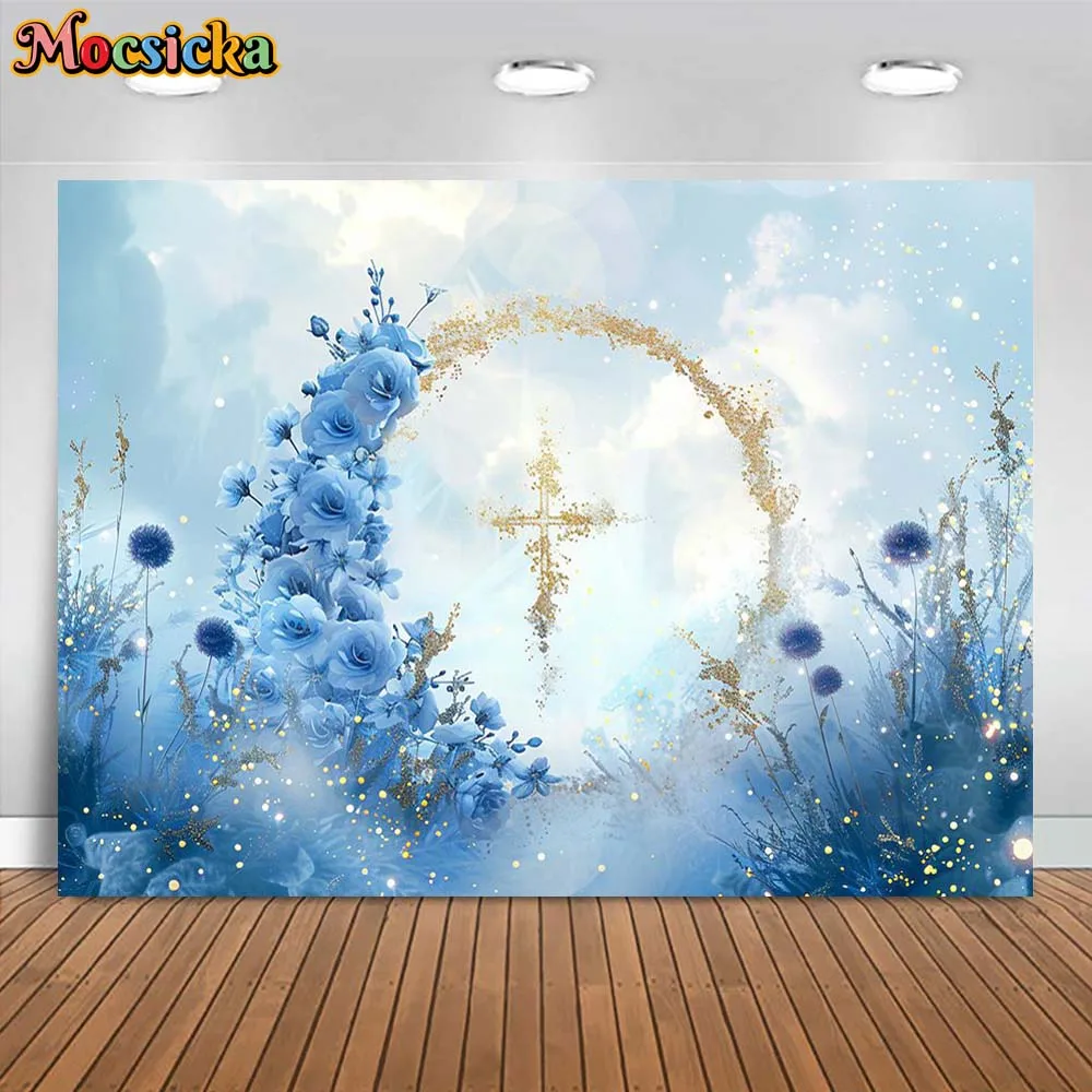 Mocicka neonato battesimo sfondo fiore blu fantasia cerchio d'oro croce ragazzi battesimo decorazioni per feste sfondo puntelli per servizio fotografico