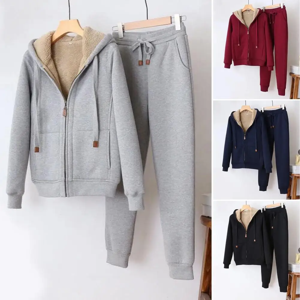 

Autumn and Winter Warm Long-sleeved Fleece Thick Hoodie Coat Jogger Pants Sportswear Two-piece Set Women's Sweatshirt Pants Suit