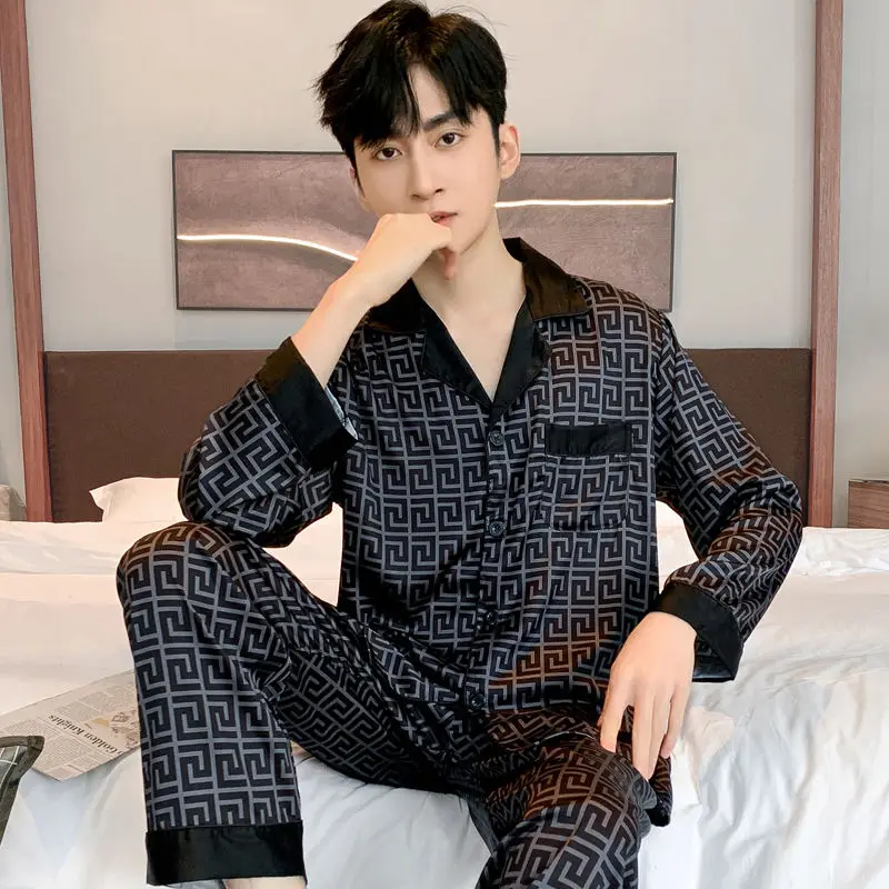 High-End Pajamas 2024 Spring Male Long Sleeve Ice Silk Thin Homewear Suit Male Casual Loose Large Size Breathable Sleepwear Sets