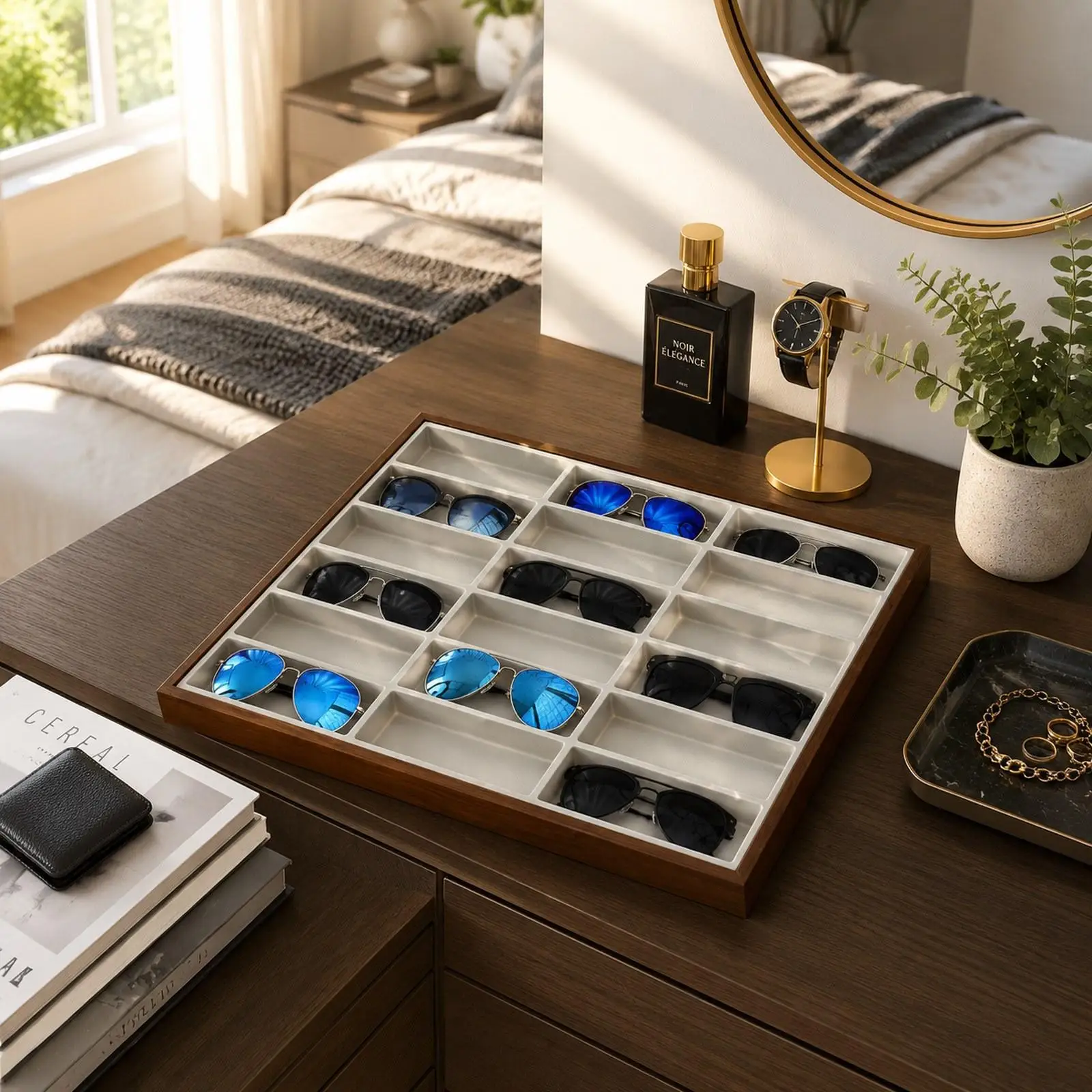 18 Grids Compartment Eyeglass Organizer Box Storage Tray Stand for Sunglasses Jewelry Watches Retail Display