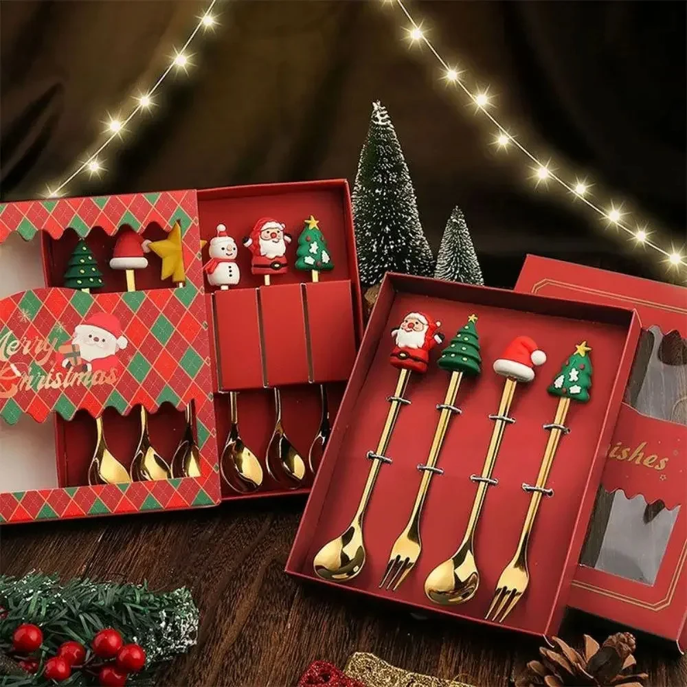 (2/4/6pc) Christmas Spoon and Fork Set Stainless Steel Creative Tableware Coffee Tea Dessert Spoon and Fork Exquisite Gift Set