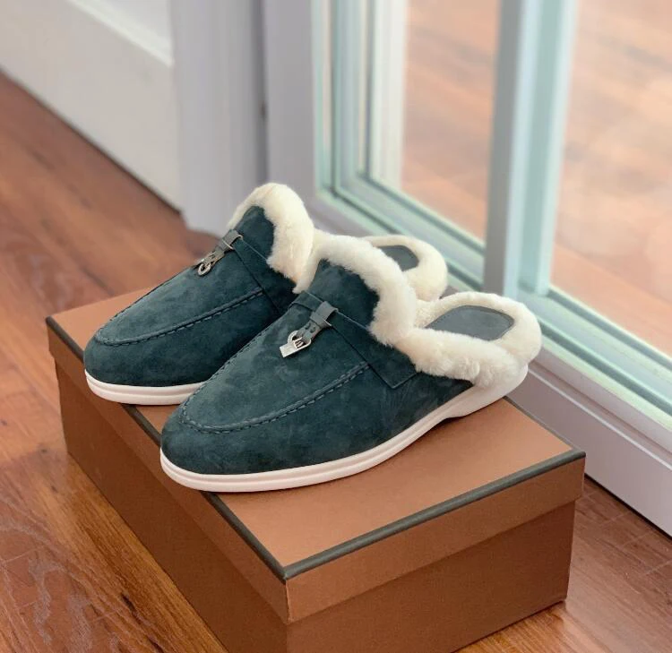 Metal Lock Half Slippers Women Sheepskin Suede Wool Warm Autumn Winter Slip on Women Mules Round Toe Casual Slides Women Shoe