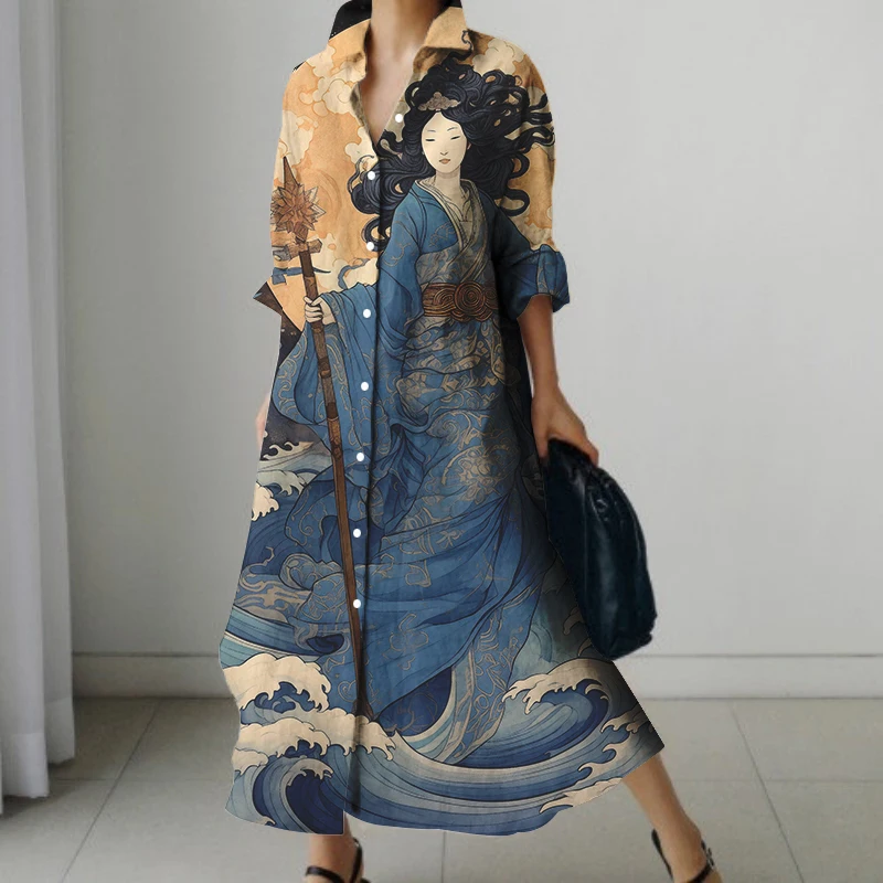 Classical Japanese Portrait Print Fashion Long-sleeved Shirt Dress Loose Single-breasted Long Skirt Street Fashion Long Skirt