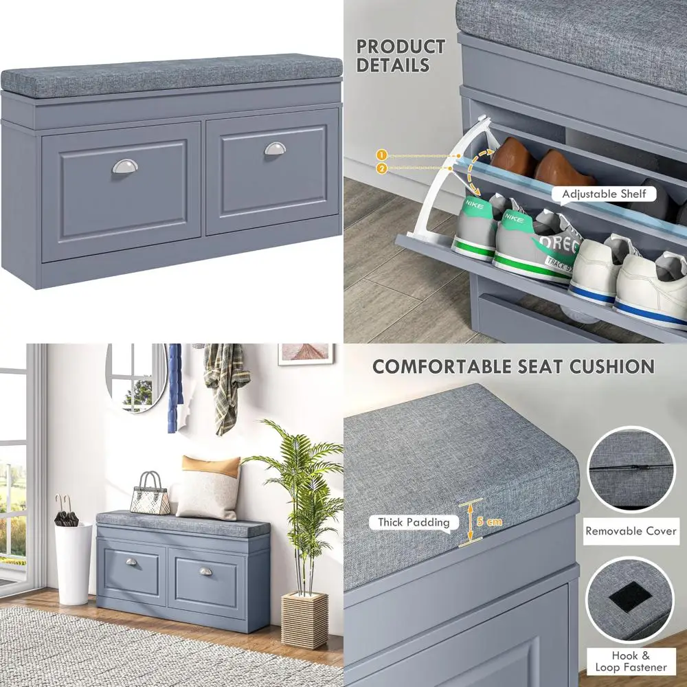 

Серая скамья для хранения обуви HOMCOM с подушкой, 2 ящиками, регулируемая полка для прихожей, вмещает 8 пар
