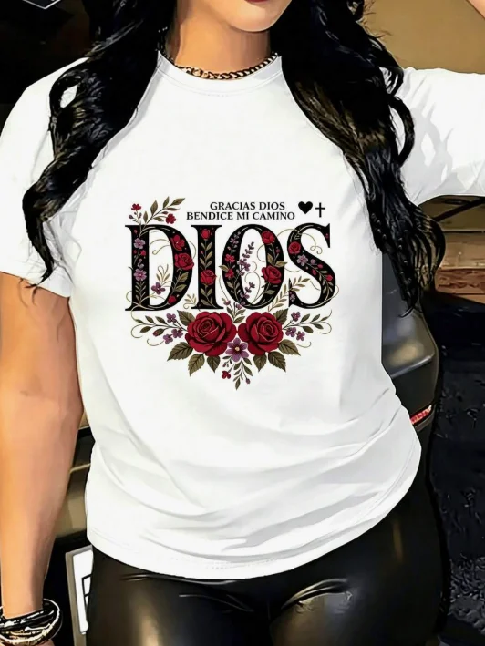 2026 Fashion New Women Crew Neck Short Sleeve Cotton T Shirt Gracias Dios Graphic Print Regular Fit Daily Casual Everyday Style Basic Top Tee