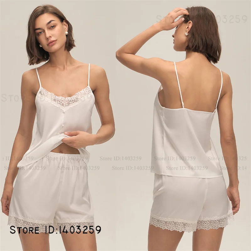 

Female Suspender Pajamas Set Homewear Sexy Lace Trim Intimate Lingerie Strap Top&shorts Pijamas Suit Ice Silk Loungewear Pyjama