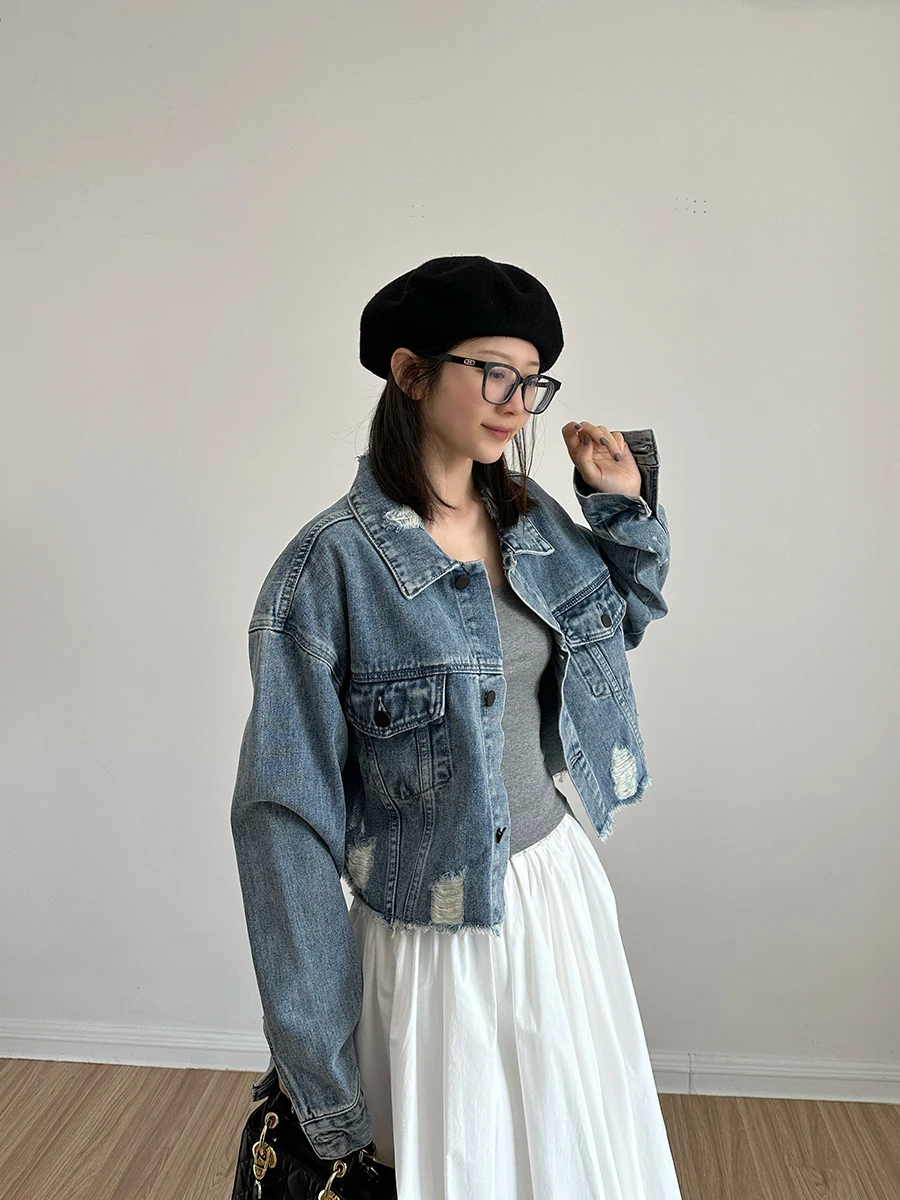 

Винтажная джинсовая куртка VANZOVIVILLY для женщин, весенний дизайн, из смесового хлопка, с воротником, свободный крой, тонкая, стандартная толщина