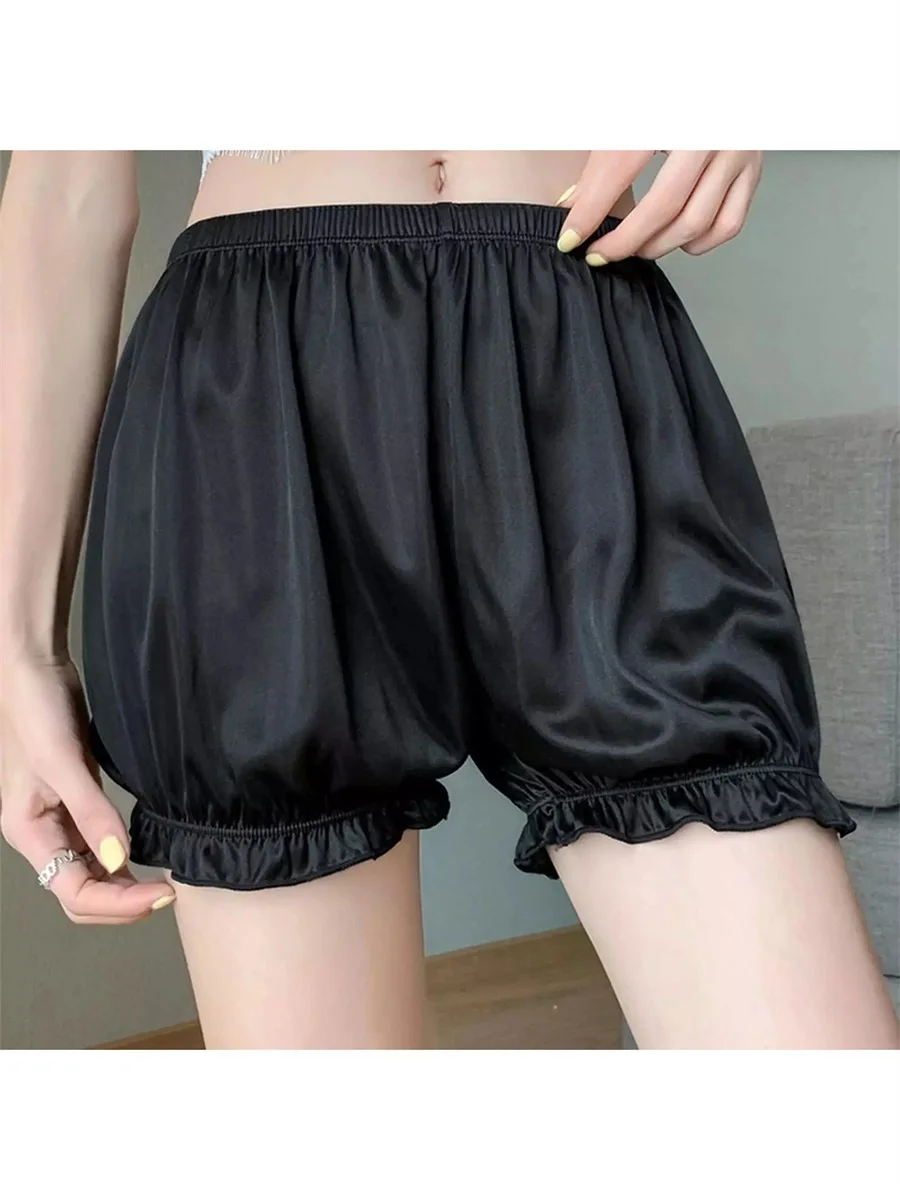 Women Kawaii Lolita Bloomer Shorts Elegant Elastic Waist Frills Solid Color Summer Lounge Pajama Bottoms Shorts for Casual Daily